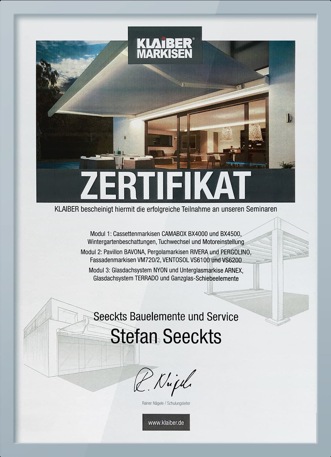 Zertifikat von Seeckts für Markisen, Pavillon und Glasdachsystem